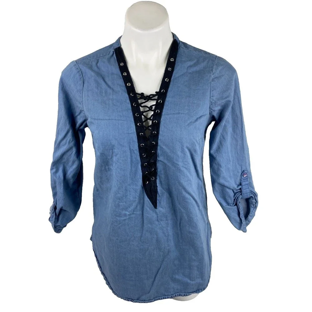 Charlotte Russ Women Small Top Deep V Blue 3/4 Sleeve Sexy Tied Front